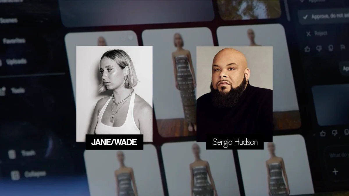 Jane Wade y Sergio Hudson en la composición publicada por Google, junto a la interfaz de Flow.