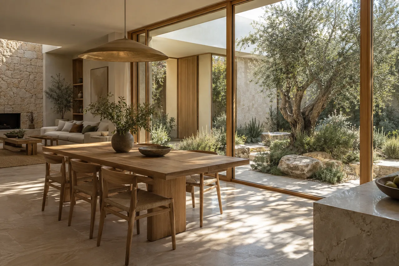 Interior y patio de una vivienda imaginaria, con madera y luz natural.